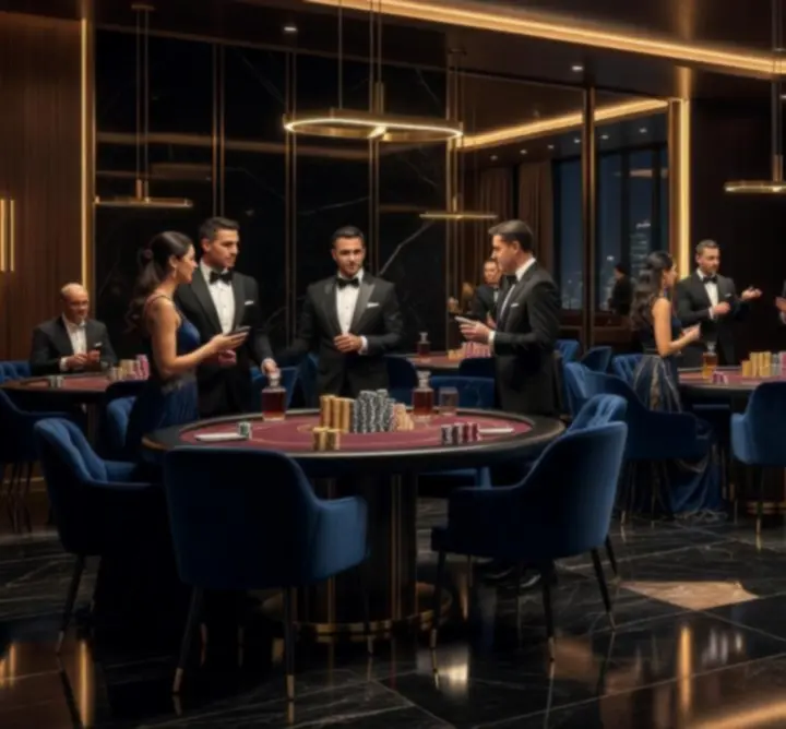 Elegancka sala nocnego eventu firmowego w stylu kasyna z pokerowymi stołami i nastrojowym oświetleniem