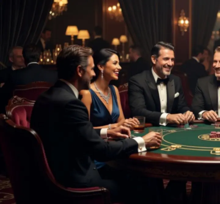 Uczestnicy firmowego wieczoru pokerowego przy eleganckim stole Nocturne Venue