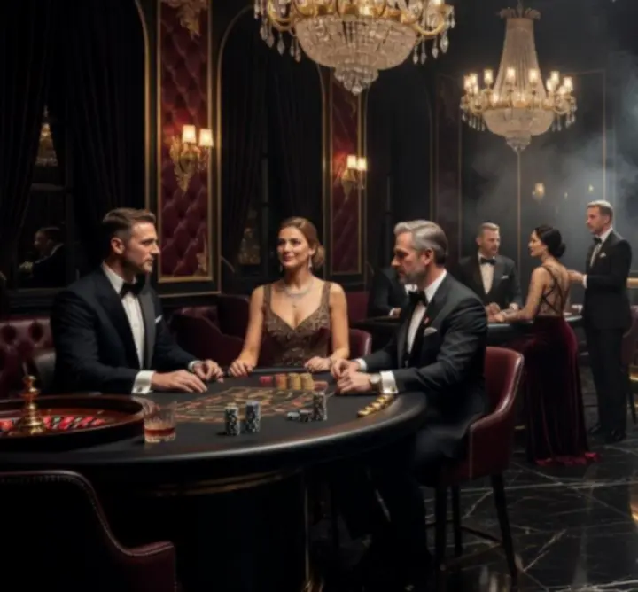 Luksusowe wnętrze eventu casino z eleganckimi stołami do gry