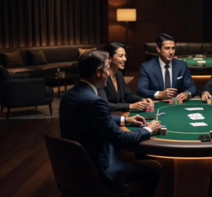 Goście podczas prywatnego eventu pokerowego prowadzonego przez krupiera